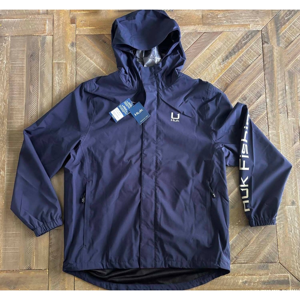Huk Gulfstream Fishing Jacket Mens Large Navy Blue Waterproof Hooded H400159 NWT